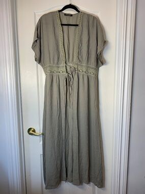 Long Boho Wrap Duster Cover Up Brown Embroidered Festival Kimono L Fancyinn